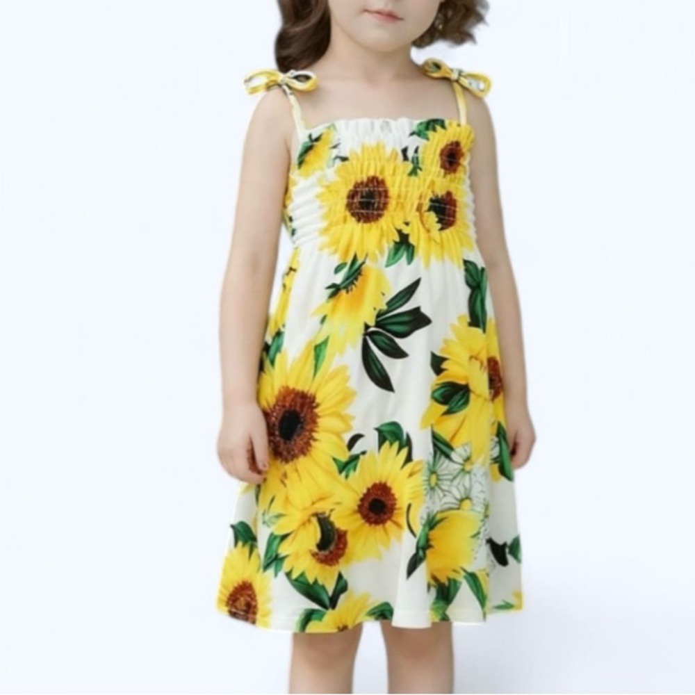 Sunflower Print  Girls bow knotted Dress tutu Sleeveless